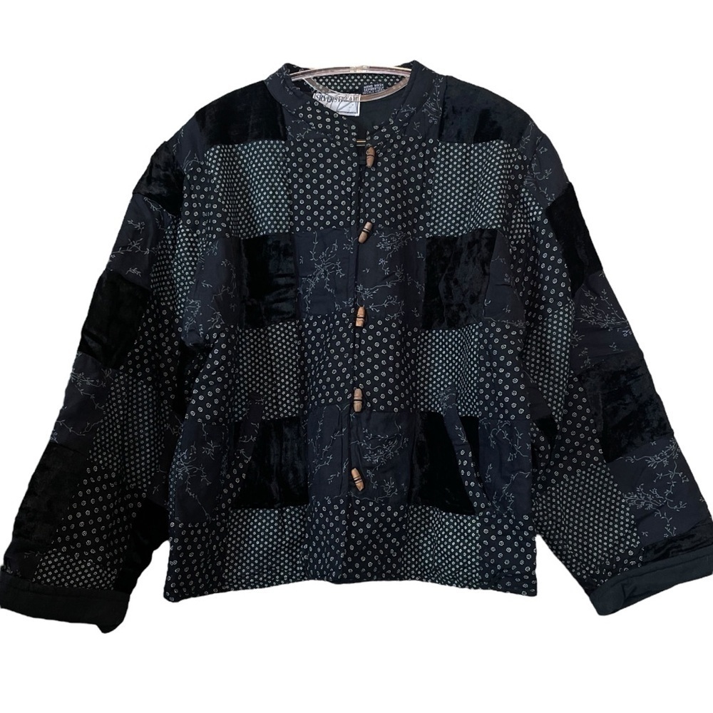 Silver Stream Patchwork Velvet Floral Wood Toggle Jacket Navy Blue-Black Size OS